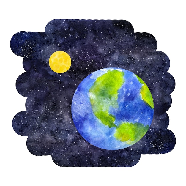 Foto pianeta terra, pianeta blu, sistema solare, satellite, luna gialla, cosmo, clip spaziale, disegno a mano, illustrazione ad acquerello isolata su sfondo scuro, elemento di progettazione, logo del poster della cartolina