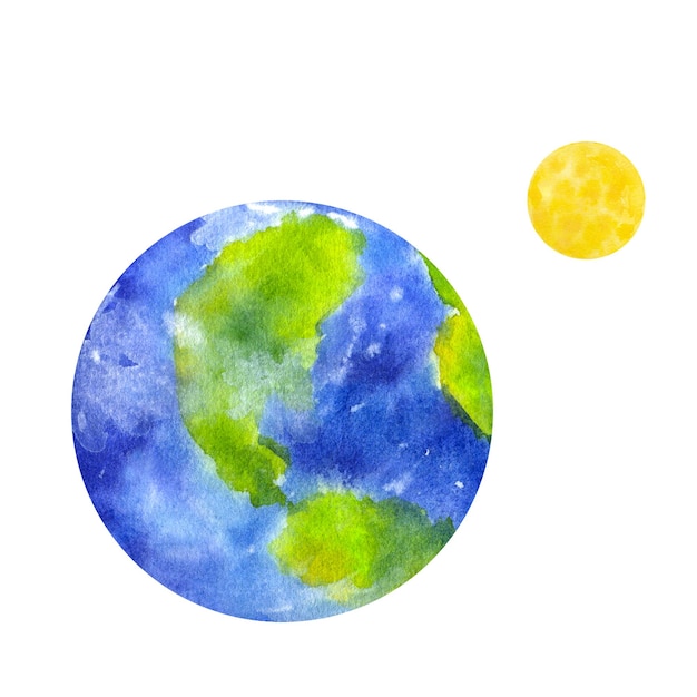 Photo earth blue planet solar system satellite yellow moon cosmos space clipart hand draw watercolor illustration isolated on white background design element postcard poster logo