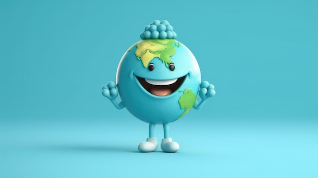 Earth character with smile isolated on blue background Earth Day