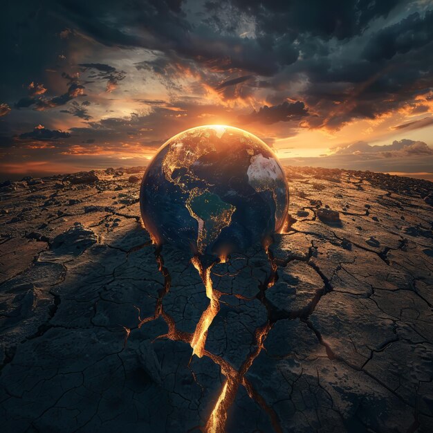 Photo earth cracking under heat top view climate change theme vivid colors dramatic lighting