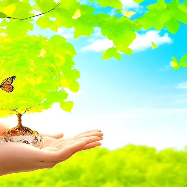 Earth crystal glass globe ball and growing tree in human hand flying yellow butterfly aigenerated