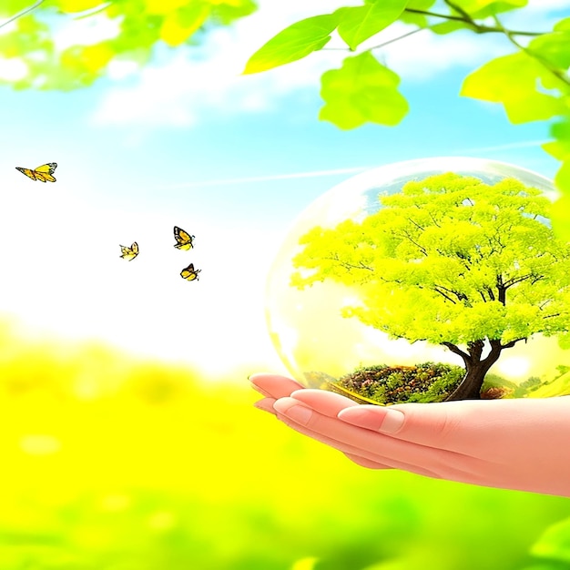 Earth crystal glass globe ball and growing tree in human hand flying yellow butterfly aigenerated