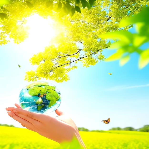 Earth crystal glass globe ball and growing tree in human hand flying yellow butterfly aigenerated