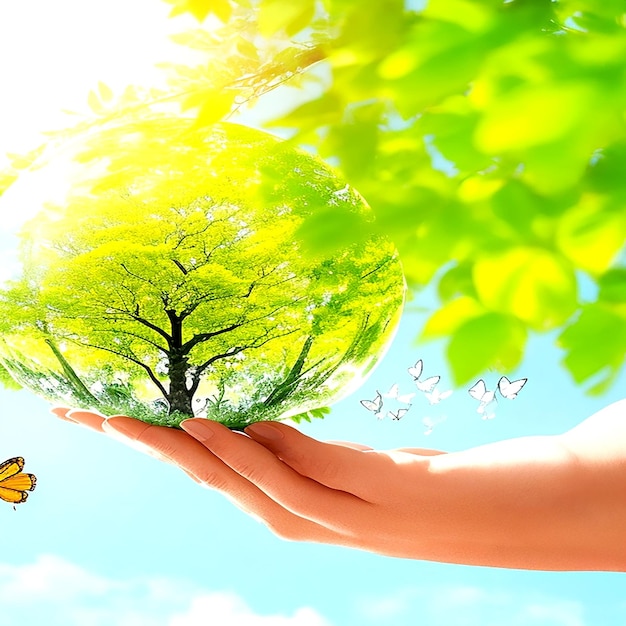 Земной кристаллический стеклянный глобус и растущее дерево в человеческой руке летающая желтая бабочка