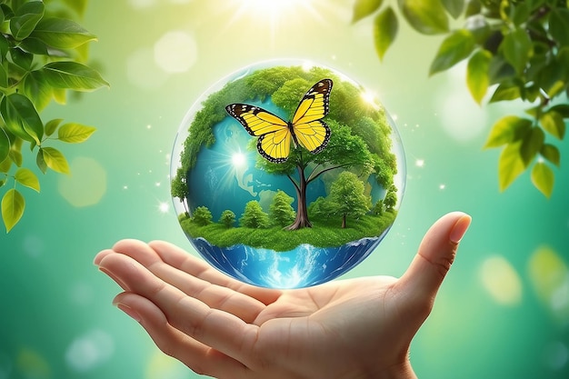地球クリスタル ガラス グローブ ボールと日当たりの良い緑の背景に黄色の蝶を飛ぶ人間の手で成長する木
