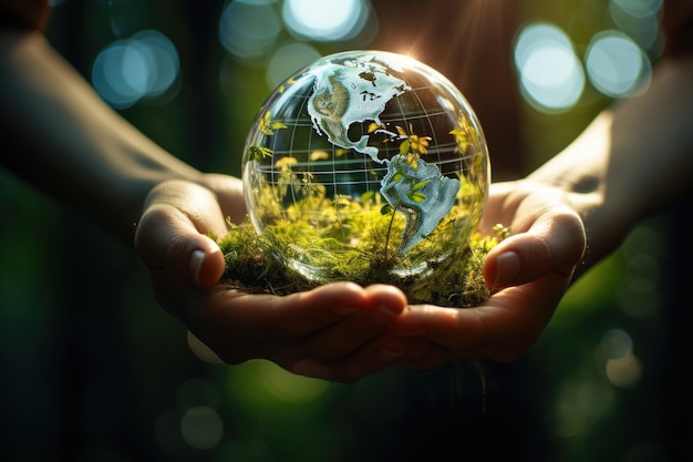 Earth crystal glass globe ball and tree in hands Saving the environment save a clean planet ecology concept