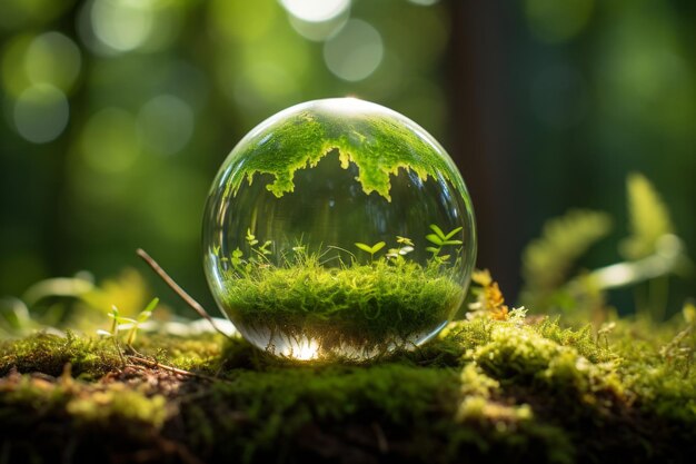 Earth Day 2022 Green Globe Embracing Natures Beauty in Mossy Forest Bathed in Soft Sunlight