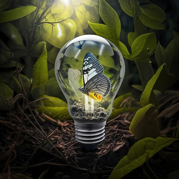 Earth Day butterfly in a light bulb against the backdrop of a summerforest