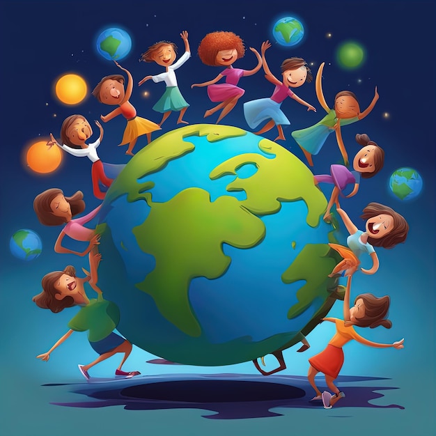 earth day concept cartoon characters with different earth globe vector illustrationworld kids hap