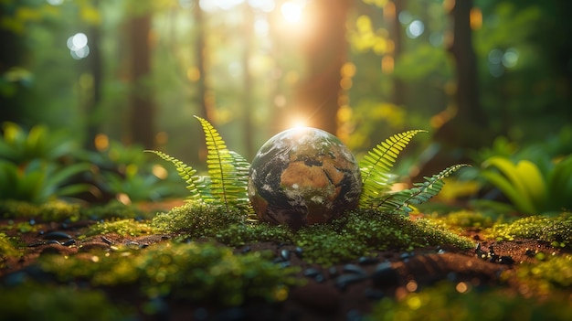 Earth Day Concept Crystal Earth On Soil With Ferns And Sunlight The Environment