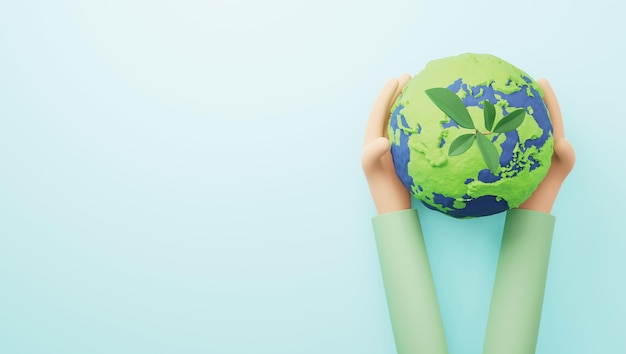 Earth day concept design of hands holding plasticine global with tree think green 3D render