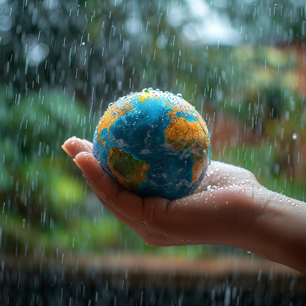 写真 ソーシャル メディアの投稿サイズの雨の背景に対して地球を保持しているアースデーのコンセプト手