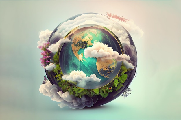 Earth Day concept illustratie Earth globe met prachtige natuur bloeiende plant en schoon water generatieve ai