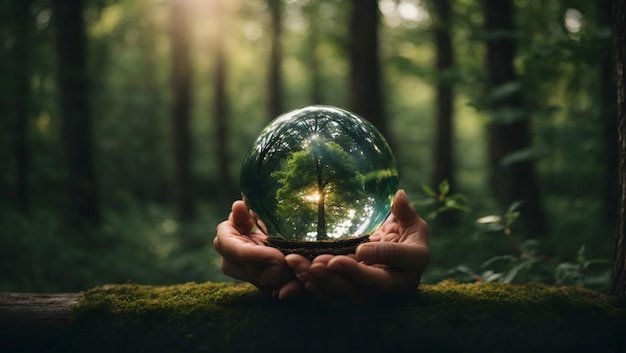 earth day concept photo hand holding crystal forecasting future of nature