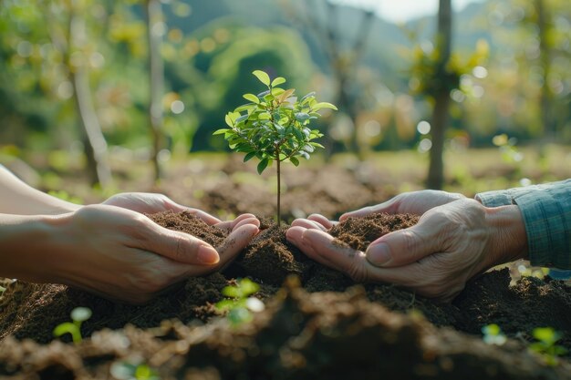 Earth Day concept three hands carrying a tree to plant Generative Ai