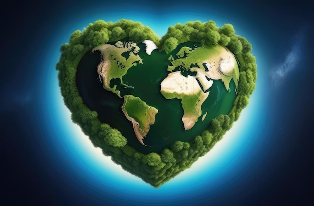 Earth day creative art heartshaped planet earth greening the planet environmental protection antideforestation tree conservation top view blue background