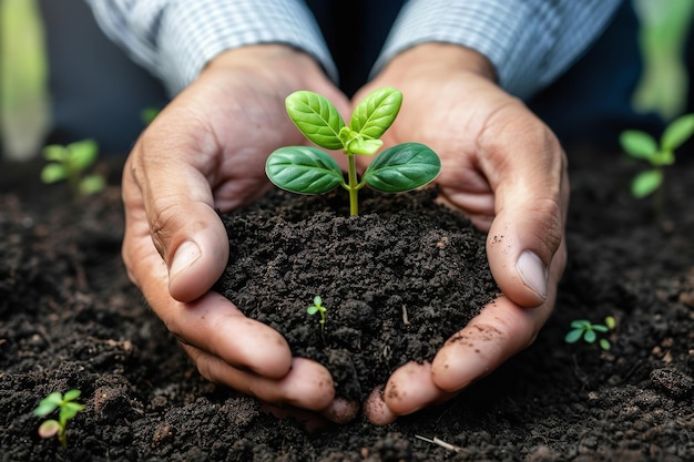 Earth Day en het milieu in de handen van het ontwikkelen van zaadjes bomen met een grote kopie ruimte Generatieve AI