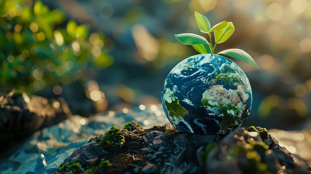 Фото День земли день окружающей среды голубой глобус с растущим растением в природе концепция устойчивого развития