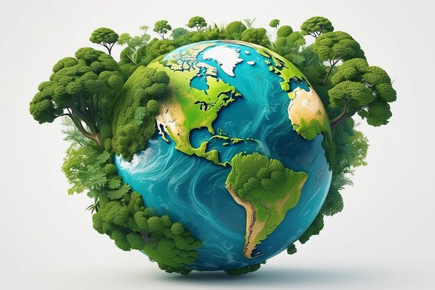 Earth Day Environment Green Globe In Forest With Moss Defocused Abstract Sunlight white background