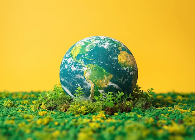 Foto giornata della terra protezione dell'ambiente eco-cura ecologia futuro riciclaggio responsabilità salvare concetto illustrazione globo mondiale pianeta isolato su sfondo giallo