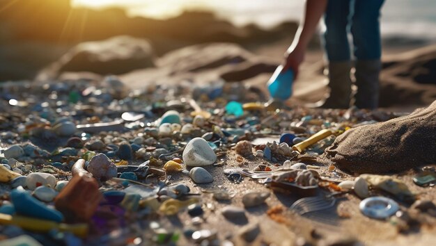 地球の日 女性活動家がゴミ袋にプラスチックボトルを入れる クローズアップ 環境の概念