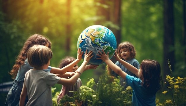 Photo earth day girls and boys hug the earth globe with their hands