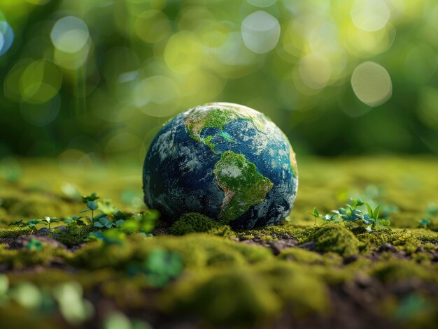 Photo earth day globe nestled in grass with daisies highlighting earth39s natural beauty and ecology