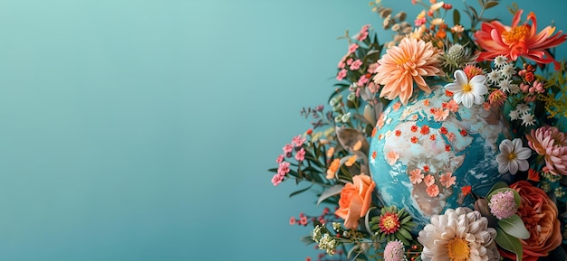 Earth day globe with flowers and leaves on a blue background environmental protection