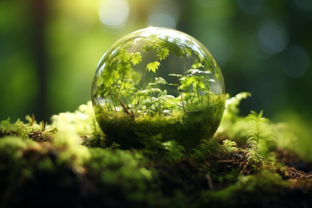 Earth Day Green Globe Surrounded by Enchanting Forest Moss and Sunlit Abstraction