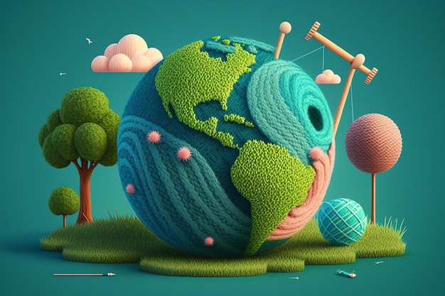 earth day illustration 3D craft cute style landscape, wool style, knitting art, cute