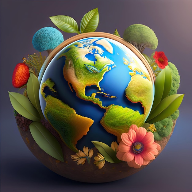 Earth Day Planet Mother Earth with flowers growing from the from the continents
