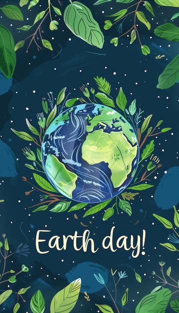 지구의 날 포스터 배경에는 지구 행성 주변의 초록색 잎과 가지가 그려져 있습니다.