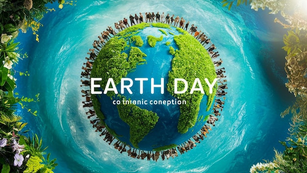 earth day poster with people on the water and a world around it