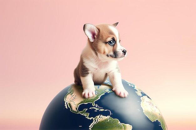 Foto giornata della terra un cucciolo si siede su un globo
