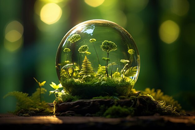 Earth Day Serene Forest with MossCovered Green Globe and Beautiful Defocused Sunlight