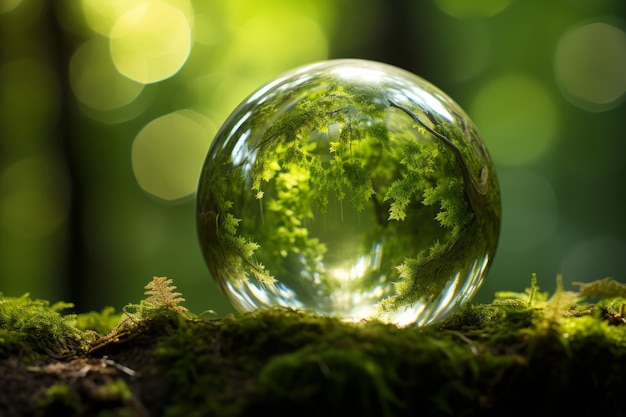 Earth Day Serene Green Globe Amid Mossy Forest with Sunlight Filtered Through Foliage