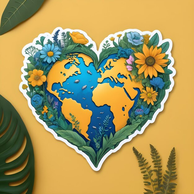 Фото Наклейка дня земли в форме сердца с листьями и цветами и земным шаром в центре