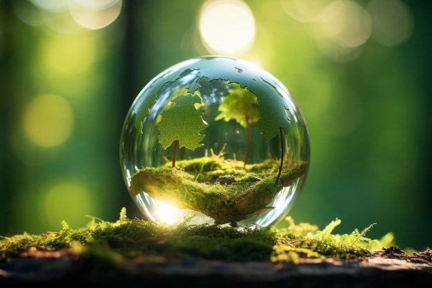 Earth Day Tranquil Green Globe Nestled in MossCovered Forest Enhanced by Dreamy Sunlight