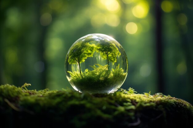 День Земли Зеленый глобус среди мохового леса, купающийся в захватывающем расфокусированном солнечном свете