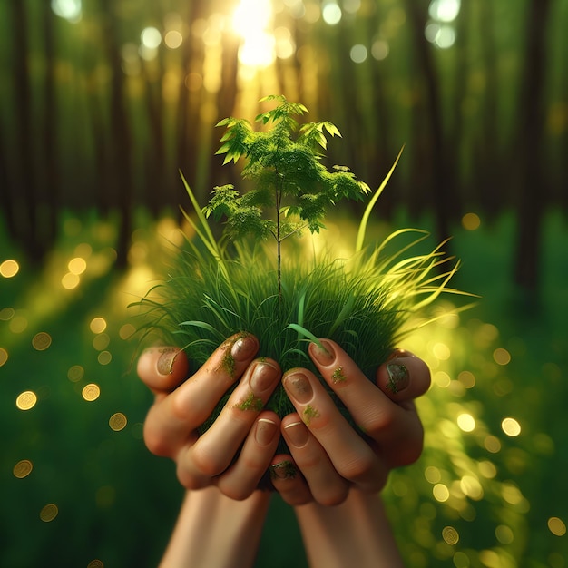 Earth Day Vrouwen handen houden een kleine groene spruit Handen in het gras