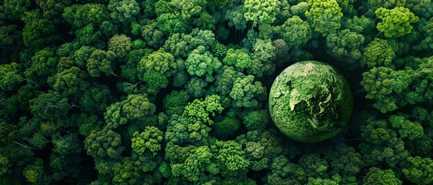 Earth Day World Environment Day Aerial top view of green forest and globe planet Earth in the left