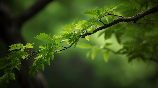 지구의 날과 세계 환경의 날 아름다운 녹색 숲 배경을 가진 봄 열대 나무 잎과 가지가 AI를 생성합니다.