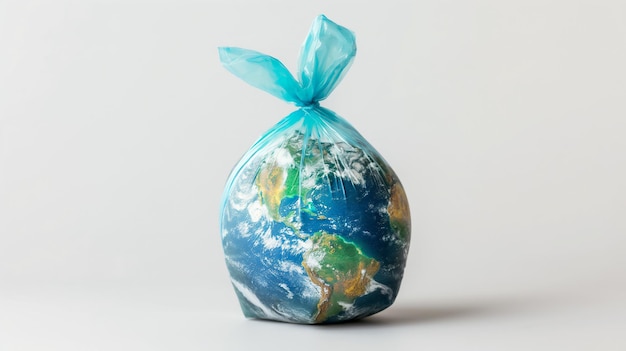 Earth depicted as if it were inside a tied blue plastic bag conceptual art