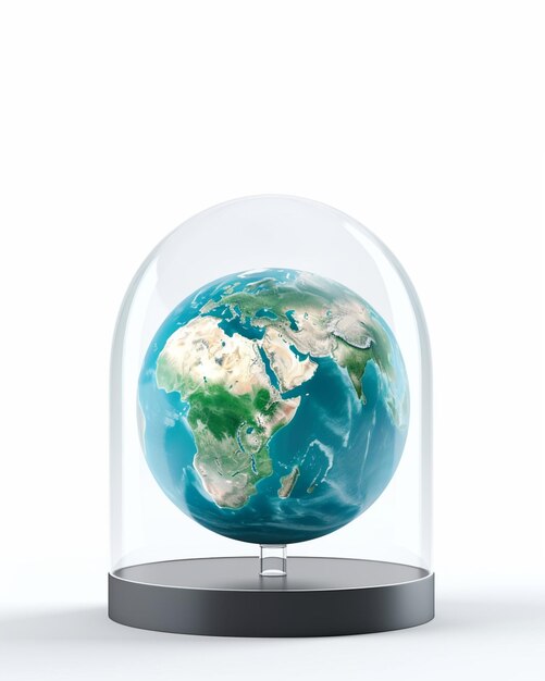 The earth in display case transparent on white background