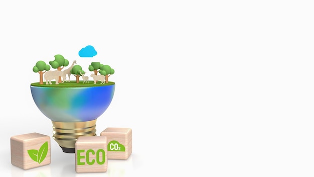 The earth and eco icon on wood cube for ecology concept 3d rendering