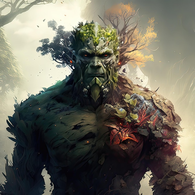 An earth elemental covered with moss and vines Fantasy creatures giant change of seasons living tree high resolution art generative artificial intelligence