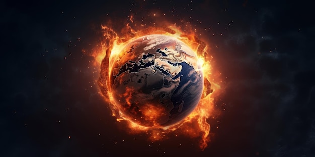 Earth on Fire and Burning Down Global Catastrophe and World Destroyed Dark Background Generative AI