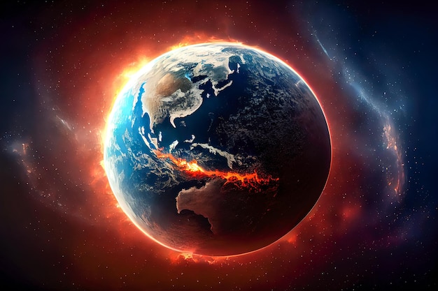 우주 3d 그림에서 불이 난 지구 생성 AI