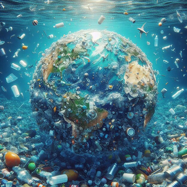 Photo the earth floats in the sea full of garbage and pollution