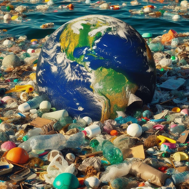 The earth floats in the sea full of garbage and pollution